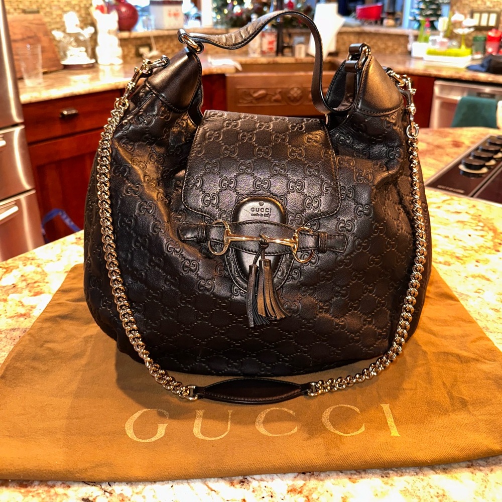 GUCCI Large GG Signature Emily Leather Shoulder Bag Hobo Bag with Chain Strap